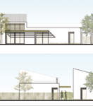 Façade d'un loft écologique avec sa dépendance sous forme de cube